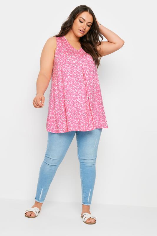 YOURS Plus Size Pink Ditsy Floral Print Swing Vest Top | Yours Clothing 2