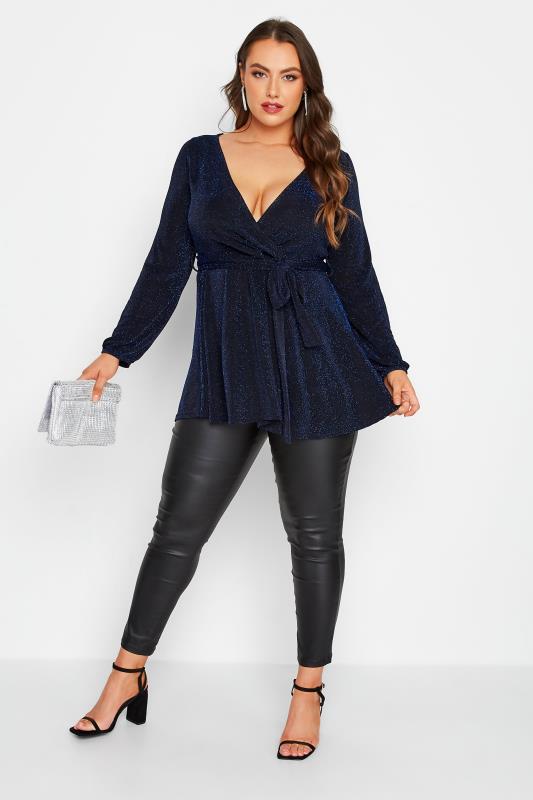 YOURS LONDON Plus Size Cobalt Blue Glitter Wrap Top | Yours Clothing 2