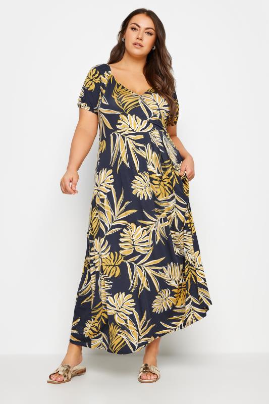 YOURS Plus Size Blue Leaf Print Tiered Maxi Dress | Yours Clothing 1