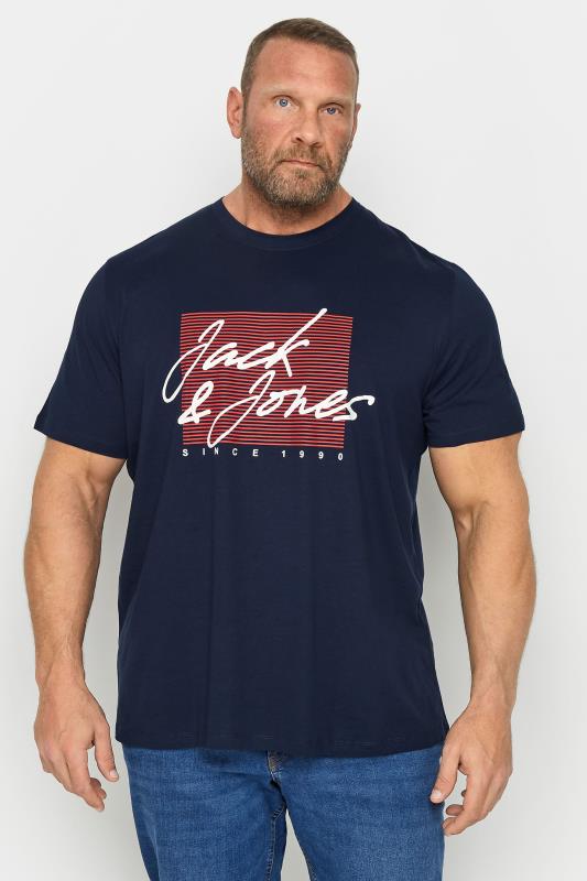JACK & JONES Big & Tall Navy Blue Chest Logo Short Sleeve T-Shirt | BadRhino 1