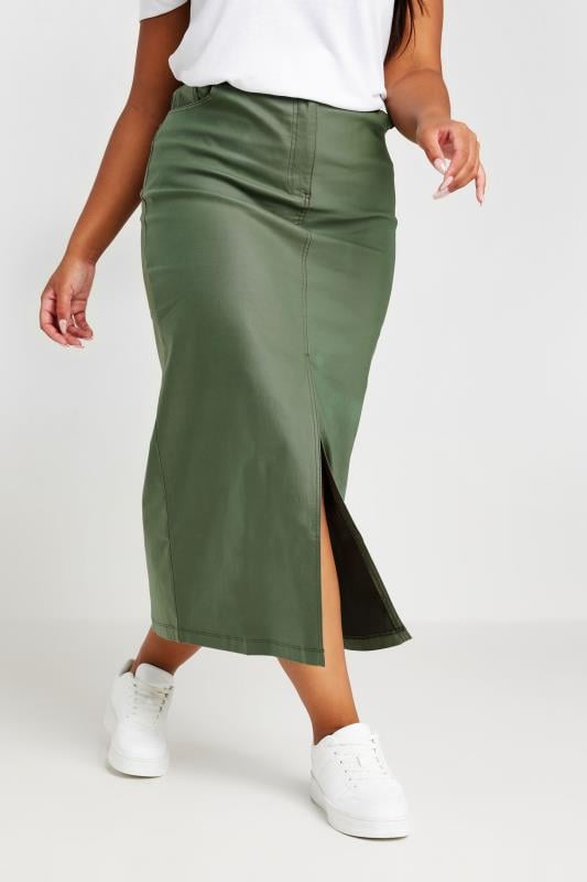 YOURS Plus Size Khaki Green Coated Split Hem Midaxi Skirt | Yours Clothing 1