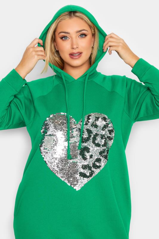 YOURS Plus Size Green Heart Sequin Embellished Hoodie Dress | Yours Clothing 4