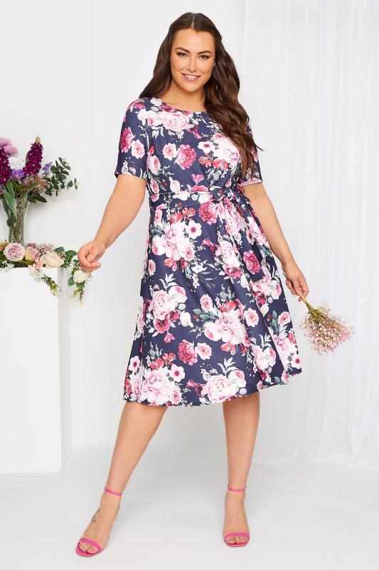 Plus Size  YOURS LONDON Curve Navy Blue & Pink Floral Skater Dress