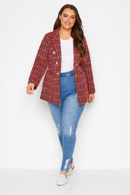 Plus Size Red Check Boucle Blazer | Yours Clothing 2
