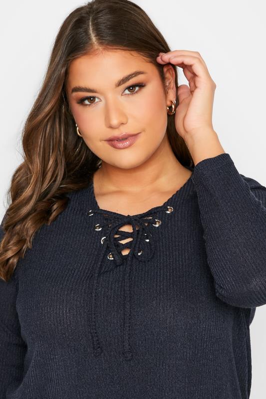 Plus Size Navy Blue Ribbed Lace Up Swing Top | Yours Clothing  4