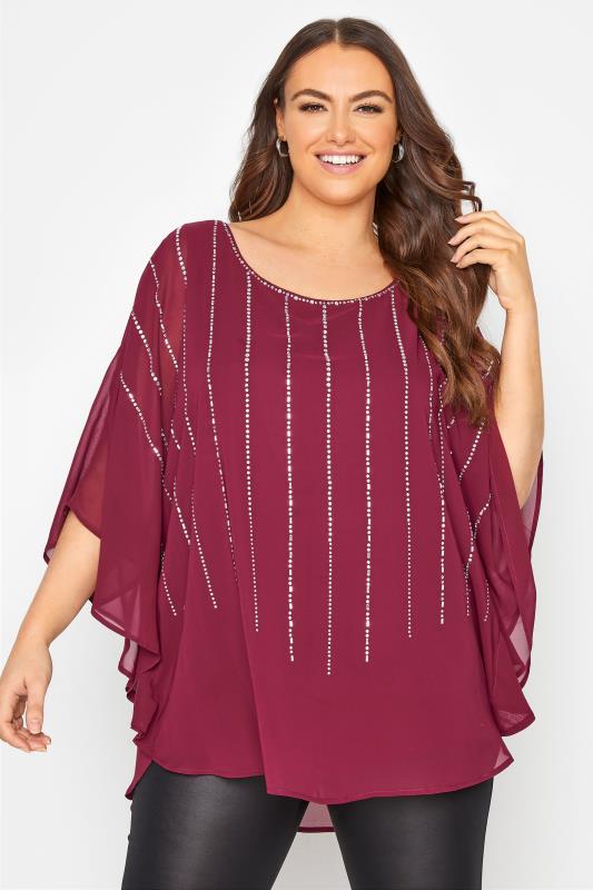 YOURS LONDON Burgundy Diamante Embellished Cape Top_A.jpg