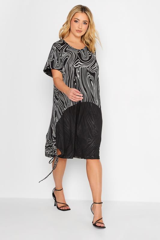 YOURS Plus Size Black Marble Print Mesh Front Dress | Yours Clothing 2