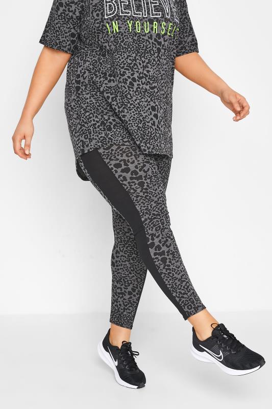 Plus Size  ACTIVE Curve Grey Leopard Print High Waisted Gym Leggings