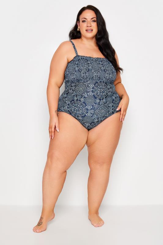YOURS Plus Size Blue Aztec Print Shirred Tummy Control Swimsuit | Yours Clothing 3