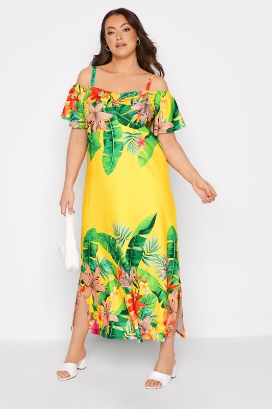Curve Yellow Tropical Print Cold Shoulder Dress_B.jpg