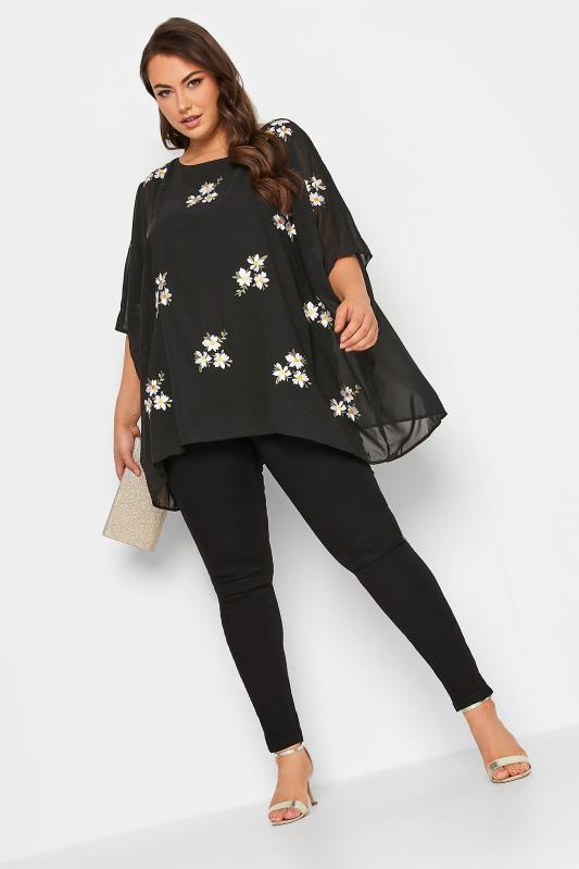 YOURS LONDON Plus Size Black Daisy Embroidered Cape Top | Yours Clothing 2