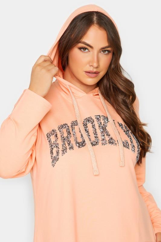 YOURS Plus Size Curve Light Orange 'Brooklyn' Slogan Longline Hoodie | Yours Clothing  4