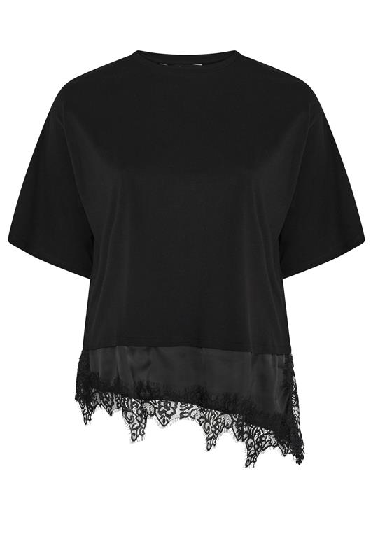 YOURS Plus Size Black Satin Lace Trim T-Shirt | Yours Clothing 5