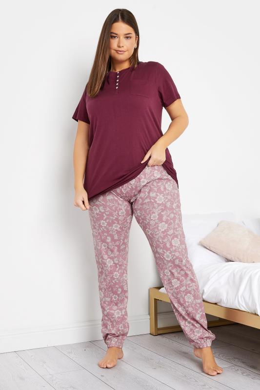 LTS Tall Burgundy Red Placket Pyjama Top | Long Tall Sally 2