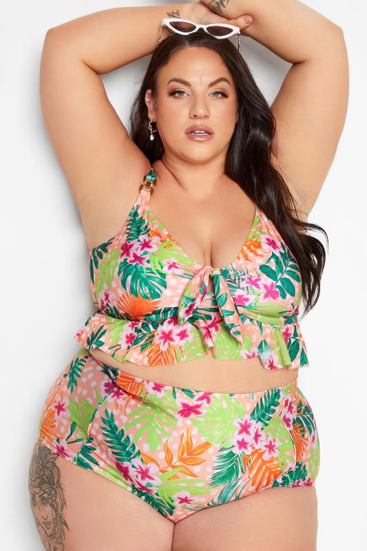 Plus Size  YOURS Curve Pink Floral Front Knot Bikini Top