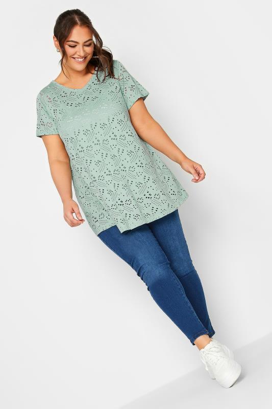 YOURS Plus Size Sage Green Broderie Anglaise Swing T-Shirt | Yours Clothing 2