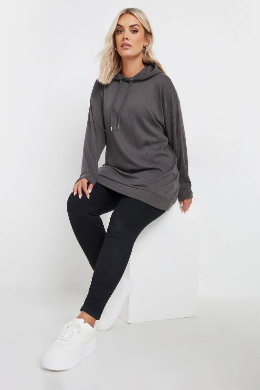 YOURS Plus Size Charcoal Grey Ribbed Hoodie | Yours Clothing  3