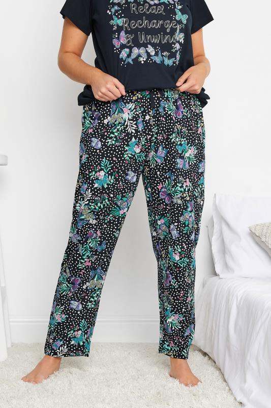 Plus Size  YOURS Curve Navy Blue Butterfly Mixed Print Pyjama Bottoms