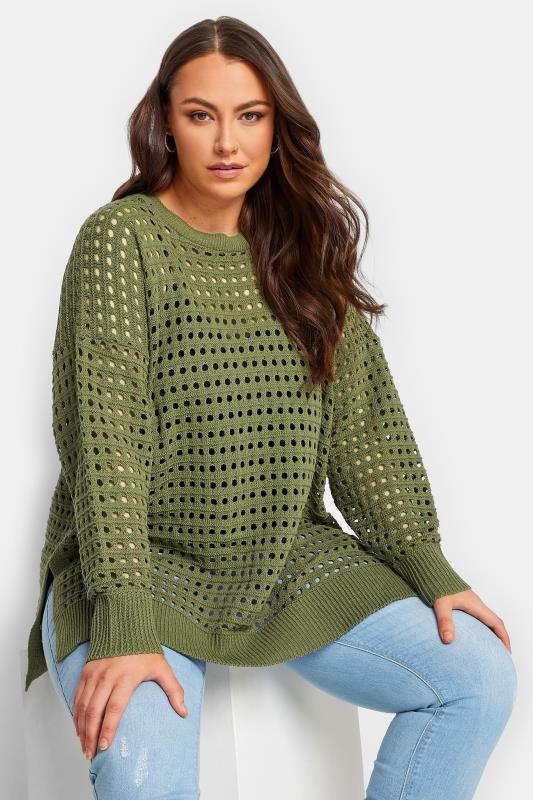 YOURS Plus Size Khaki Green Side Split Crochet Jumper | Yours Clothing 1