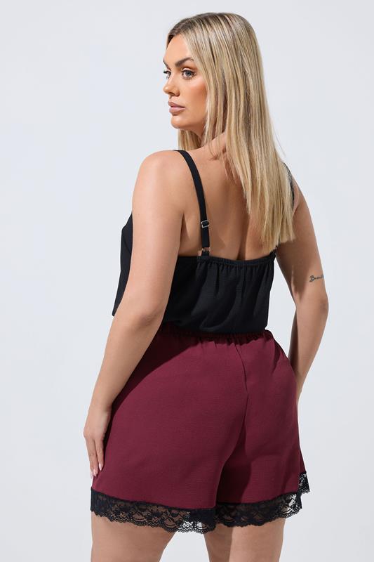 LIMITED COLLECTION Plus Size Burgundy Red Lace Trim Shorts | Yours Clothing 2