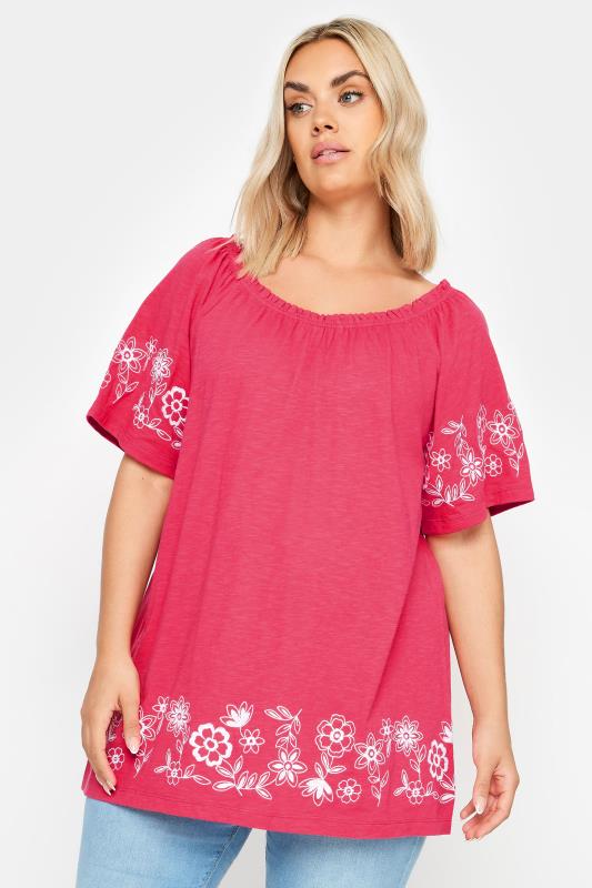YOURS Plus Size Pink Embroidered Detail Bardot Top | Yours Clothing 5