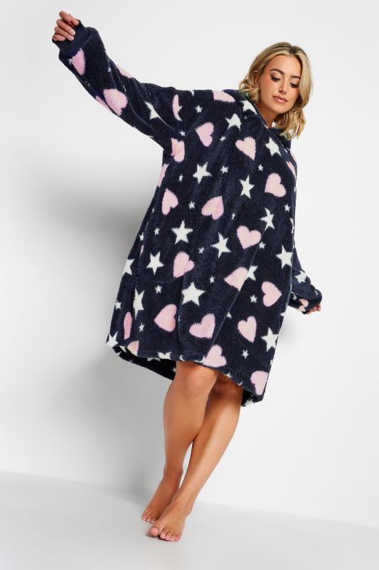 YOURS Plus Size Dark Blue Heart Print Snuggle Hoodie | Yours Clothing 3