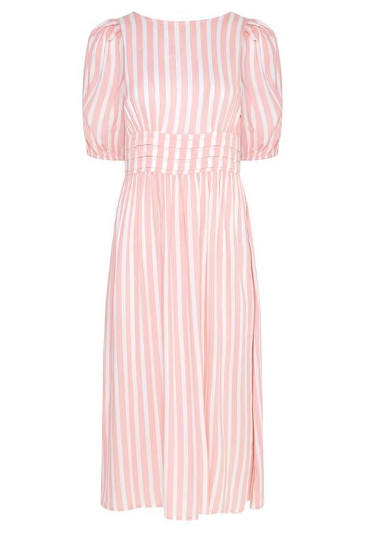PixieGirl Petite Women's Pink Stripe Puff Sleeve Midi Dress | PixieGirl 5