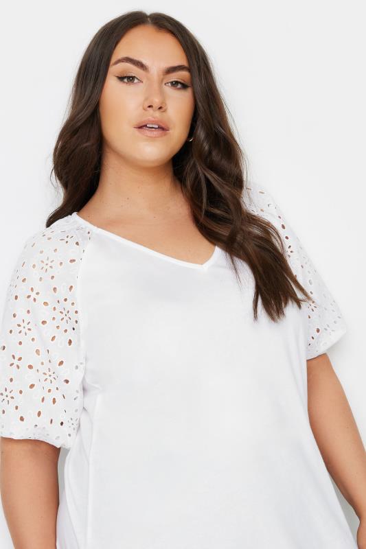 YOURS Plus Size White Broderie Anglaise Sleeve T-Shirt | Yours Clothing 4