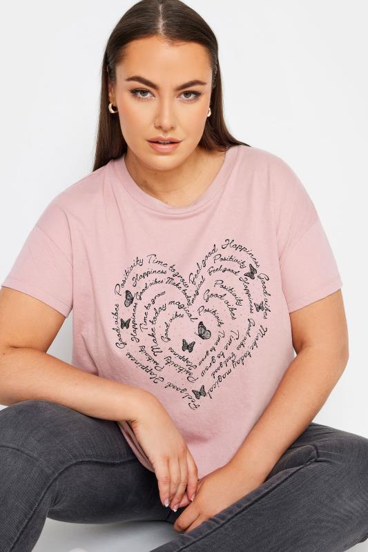 YOURS Plus Size Pink Positivity Heart Print T-Shirt