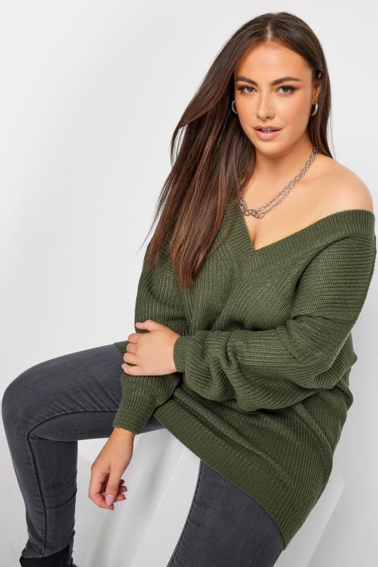 YOURS Plus Size Khaki Green Double V-Neck Jumper | Yours Clothing 1