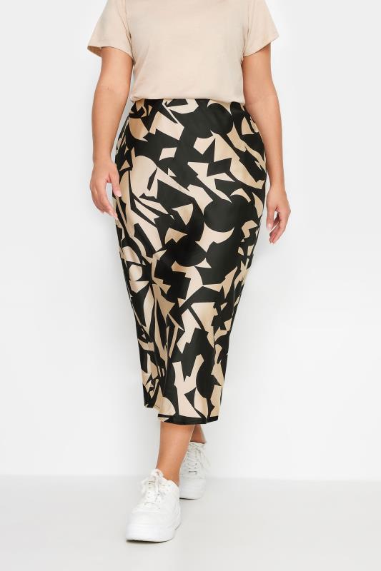YOURS Plus Size Black & Beige Brown Abstract Print Satin Midi Skirt | Yours Clothing  1