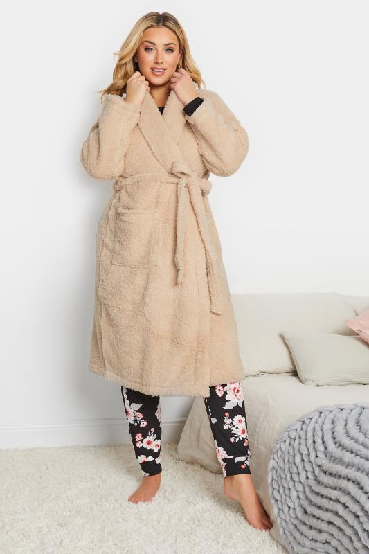 Plus Size  YOURS Curve Beige Brown Teddy Fleece Dressing Gown