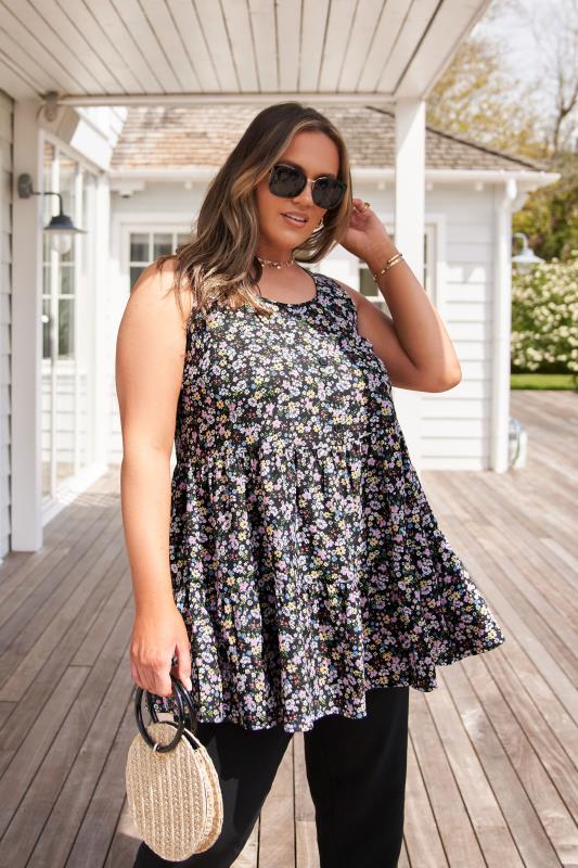 Black Floral Button Detail Tunic Top | Yours Clothing  5