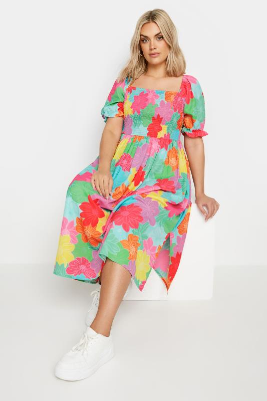 YOURS Plus Size Pink & Blue Floral Print Shirred Midaxi Dress | Yours Clothing 1