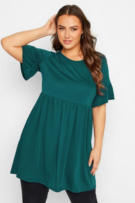 Curve Short Sleeve Tunic Emerald Green Dress | Yours Clothing 1