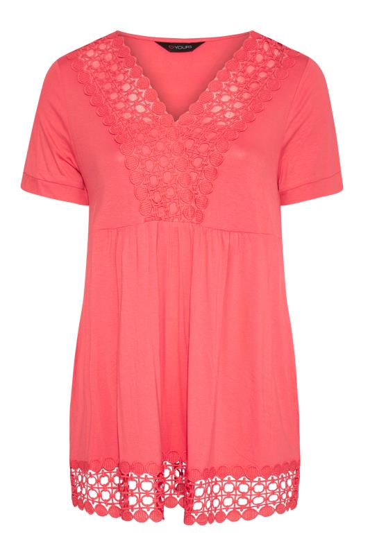 Curve Coral Pink Crochet Trim Short Sleeve Tunic Top 6