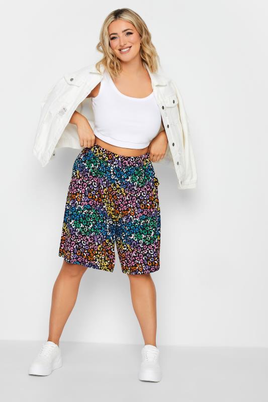 YOURS Curve Plus Size Black Rainbow Leopard Print Shorts | Yours Clothing  2