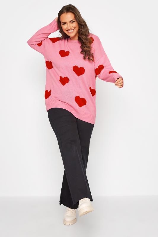 Plus Size Pink Heart Jacquard Knitted Jumper | Yours Clothing  2