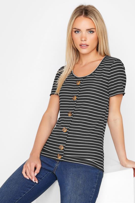 Petite Black Stripe Print Button Down T-Shirt | PixieGirl 1