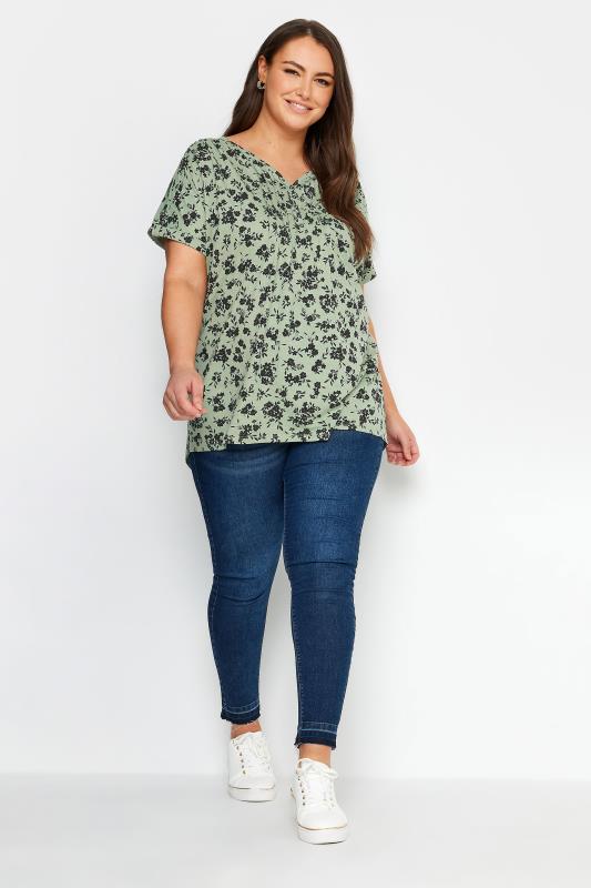 YOURS Plus Size Green Floral Print Pintuck Henley T-Shirt | Yours Clothing 2
