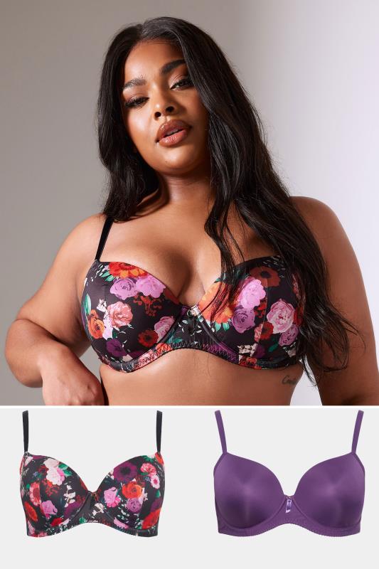  Grande Taille YOURS 2 PACK Curve Black & Purple Floral Print Padded T-Shirt Bras