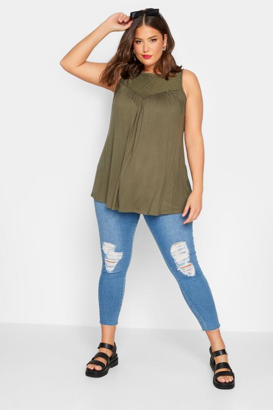 LIMITED COLLECTION Plus Size Khaki Green Broderie Anglaise Insert Vest Top | Yours Clothing 2