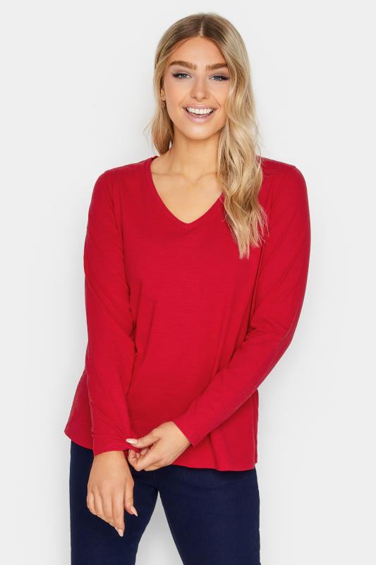 Women's  M&Co Red V-Neck Long Sleeve Cotton Blend T-Shirt