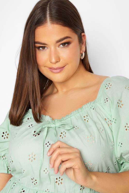 YOURS Plus Size Curve Mint Green Broderie Anglaise Peplum Top | Yours Clothing 5