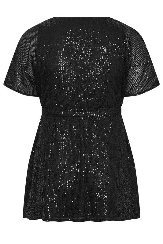 YOURS LONDON Plus Size Black Sequin Short Sleeve Wrap Top | Yours Clothing 6