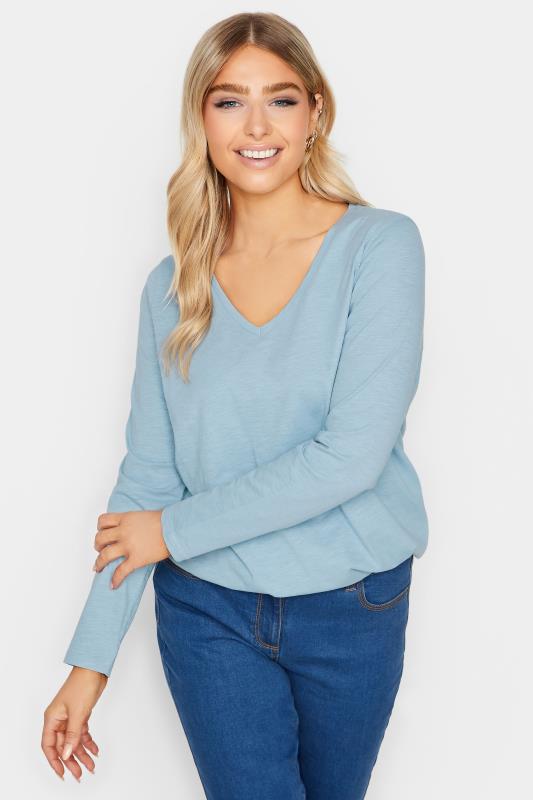 M&Co Light Blue V-Neck Long Sleeve Cotton Blend T-Shirt | M&Co 1