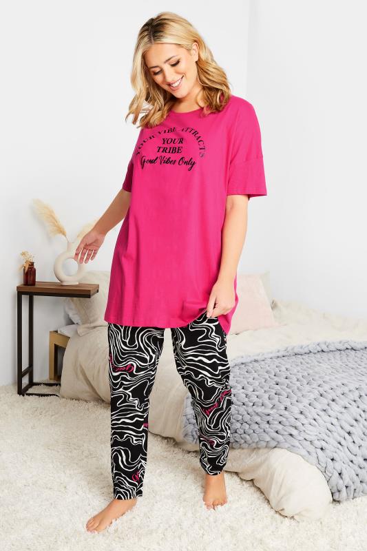 Plus Size Pink & Black 'Good Vibes Only' Slogan Pyjama Set | Yours Clothing 2