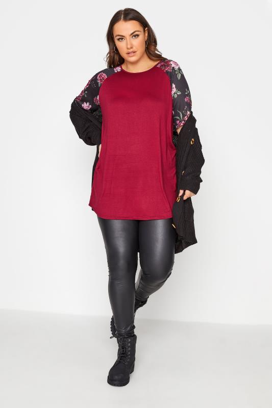 Curve Berry Red Floral Raglan Sleeve T-Shirt 2