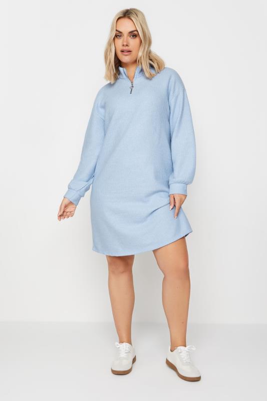 YOURS Plus Size Light Blue Soft Touch Zip Neck Jumper Dress | Yours Clothing 1