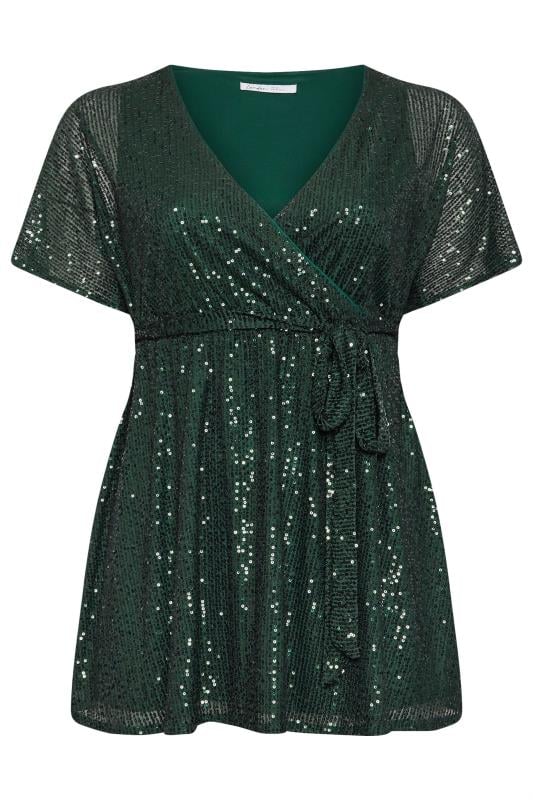 YOURS LONDON Plus Size Green Sequin Wrap Top | Yours Clothing  5